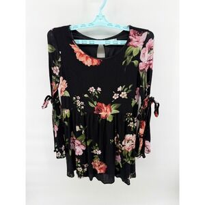 Altar'd State Black Floral Bell Sleeve Keyhole Dress Size Small